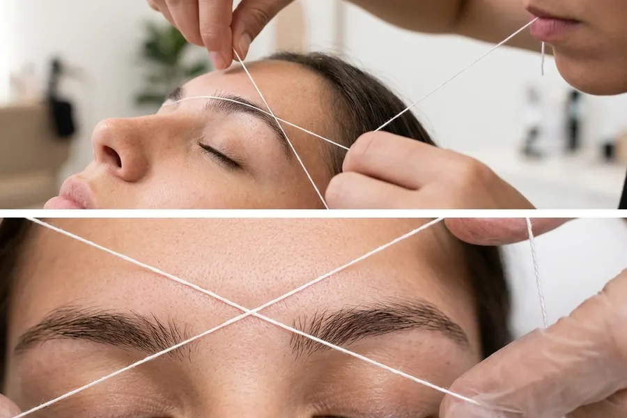 Specialist threading a client's eyebrows at Tally Brow Studio, the closest threading to Havana, FL