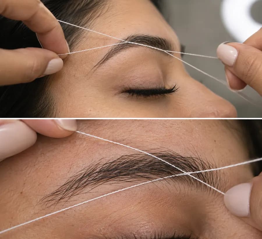 Close-up of eyebrow threading with a twisted cotton thread